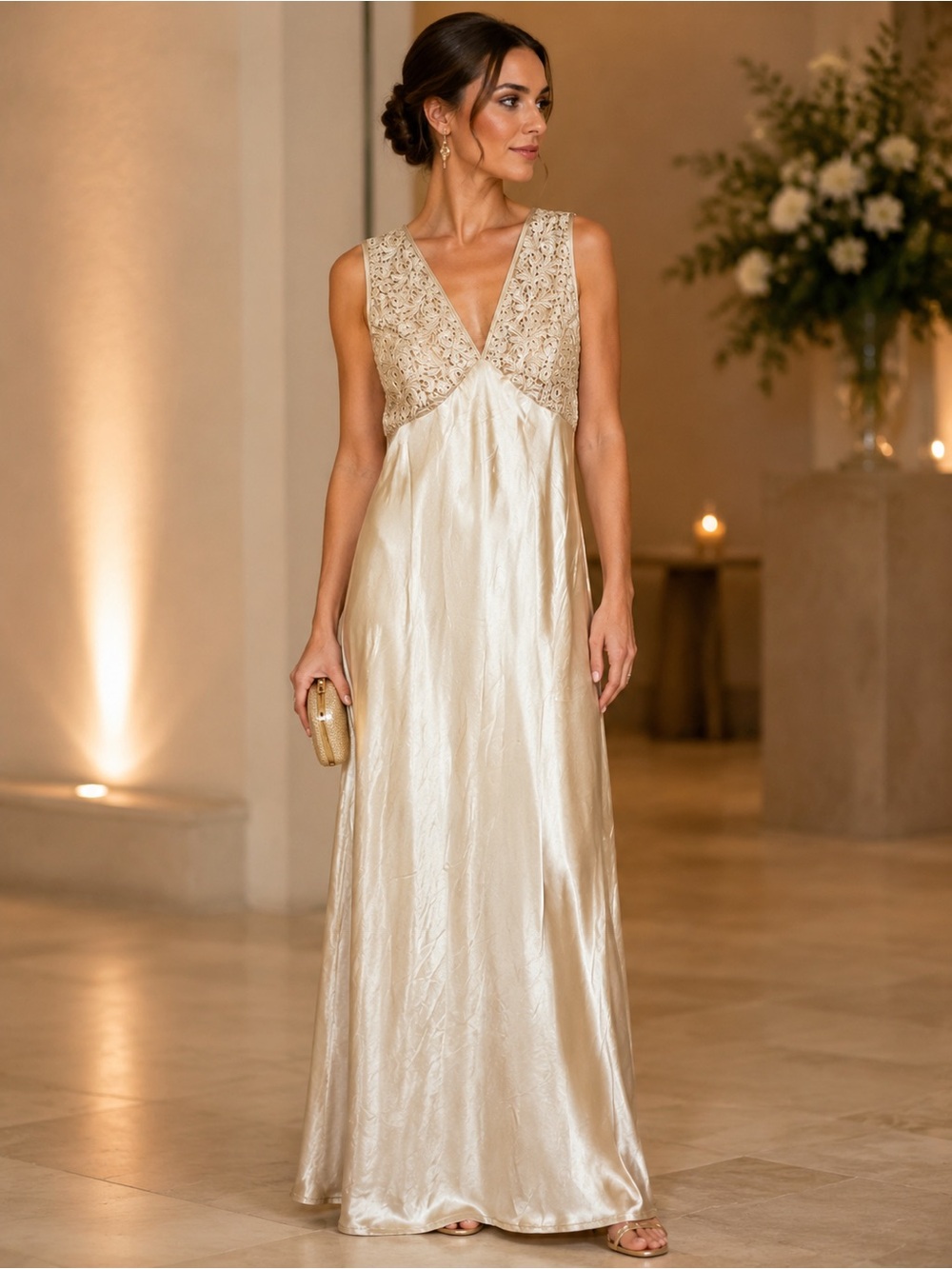 Vintage Jessica McClintock Champagne Embellished V-Neck Maxi Dress